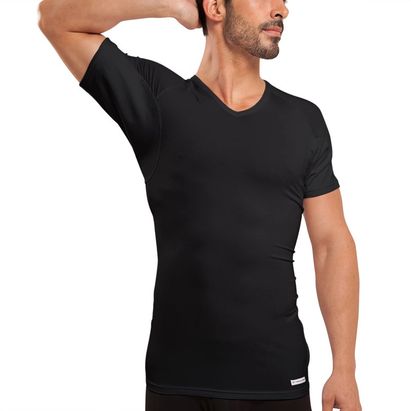 Ejis Men's Sweat Proof Undershirt, V Neck, Anti-Odor Silver, Micro Modal, Sweat Pads (Small, Black) - Image 1